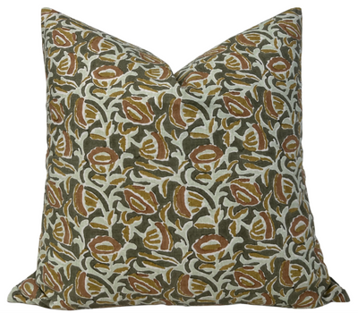 Marbella pillow cover in green with printed fabric front and ivory linen back