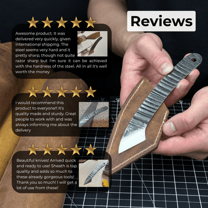 Hand-forged Kiridashi marking knife with 3.5 cm carbon steel blade and leather sheath