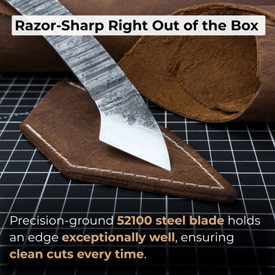 Hand-forged Kiridashi marking knife with 3.5 cm carbon steel blade and leather sheath