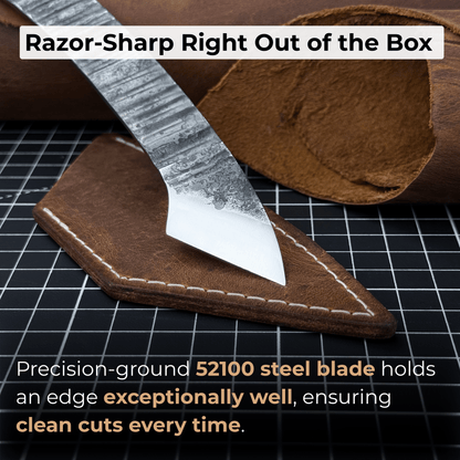 Hand-forged Kiridashi marking knife with 3.5 cm carbon steel blade and leather sheath