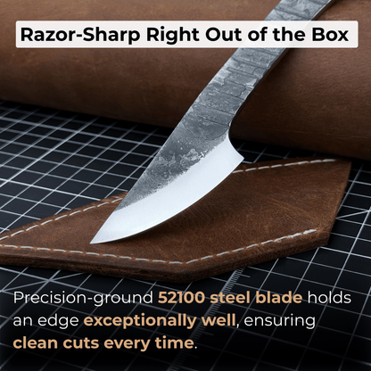 Hand-forged Kiridashi marking knife with rounded blade and leather sheath