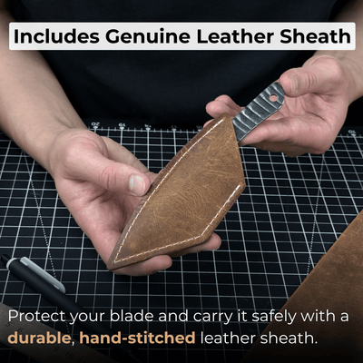 Hand-forged Kiridashi marking knife with rounded blade and leather sheath
