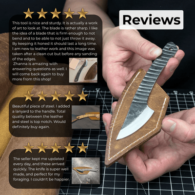 Hand-forged Kiridashi marking knife with rounded blade and leather sheath
