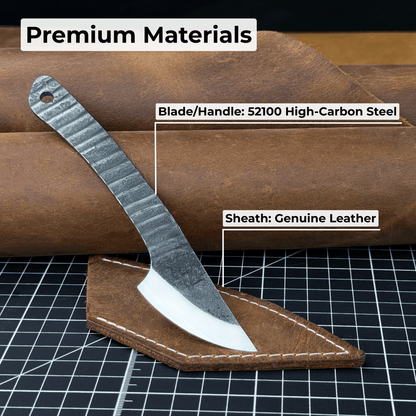 Hand-forged Kiridashi marking knife with rounded blade and leather sheath