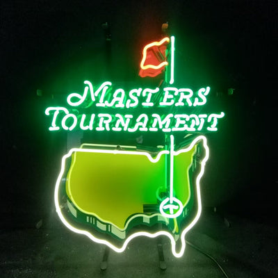 Masters Tournament Golf Logo Neon Sign Light with black acrylic backboard illuminating a golf ball and green design