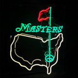 Neon sign depicting the word "MASTERS" in green above a white outline of the United States with a red flag and green golf ball on a tee inside the outline.