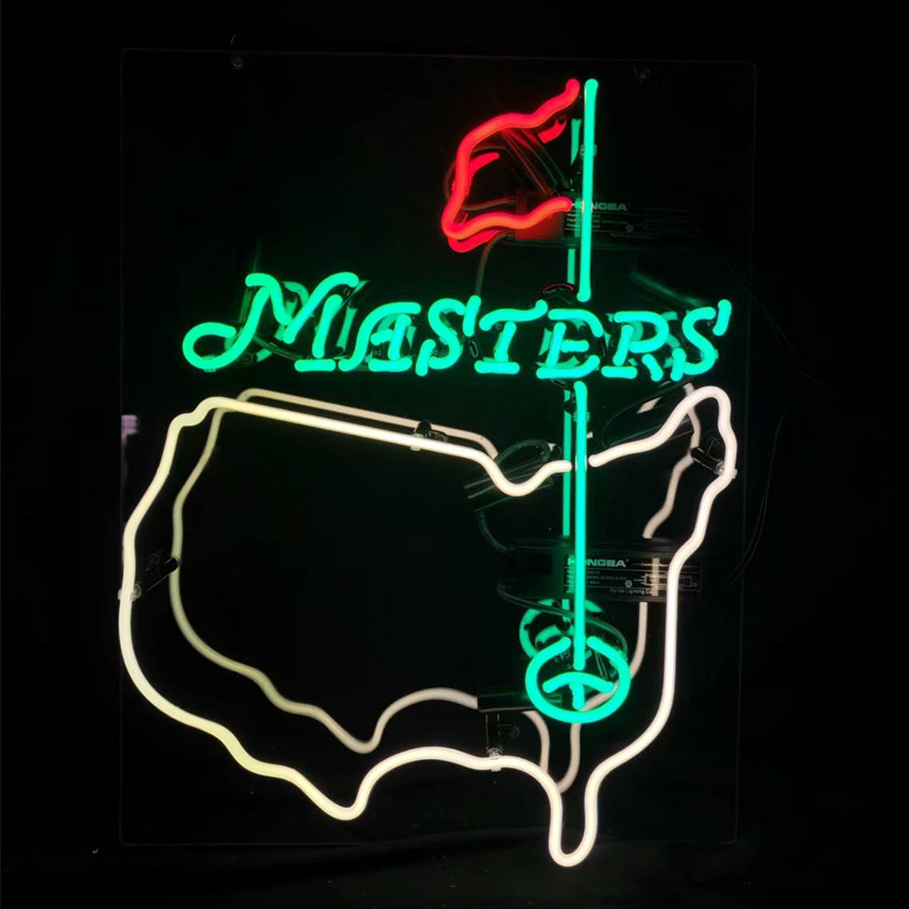 Neon sign depicting the word "MASTERS" in green above a white outline of the United States with a red flag and green golf ball on a tee inside the outline.