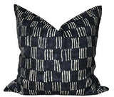 Matchsticks Pillow Cover in Indigo Blue showing front indigo printed fabric and ivory linen back