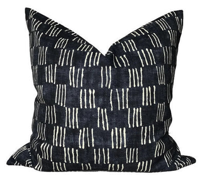 Matchsticks Pillow Cover in Indigo Blue showing front indigo printed fabric and ivory linen back