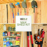 MAX Shed Organization Kit components mounted on a shed wall with garden tools stored