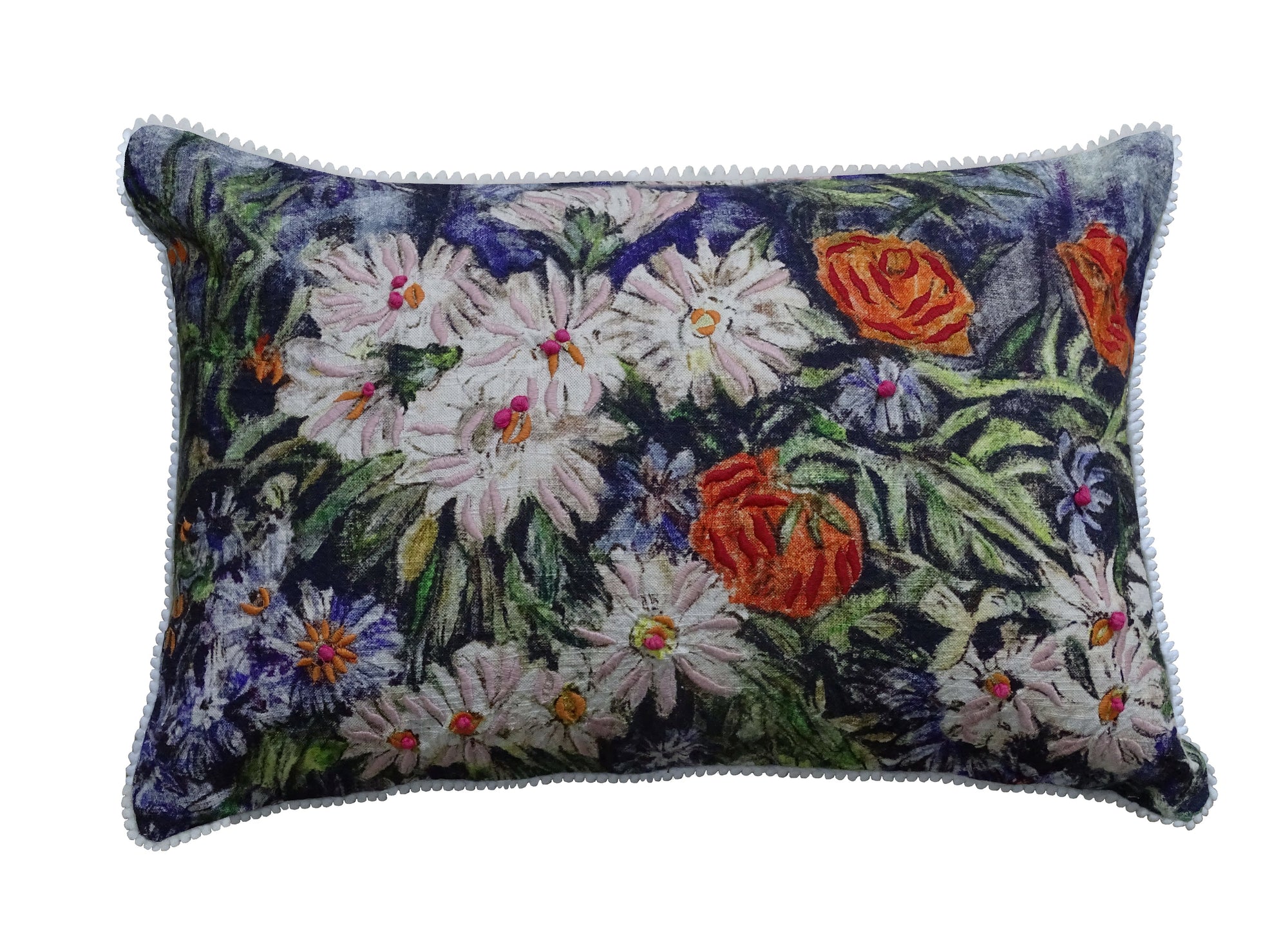 Hand illustrated colorful decorative pillow 14x20 featuring bright floral design on front with solid back