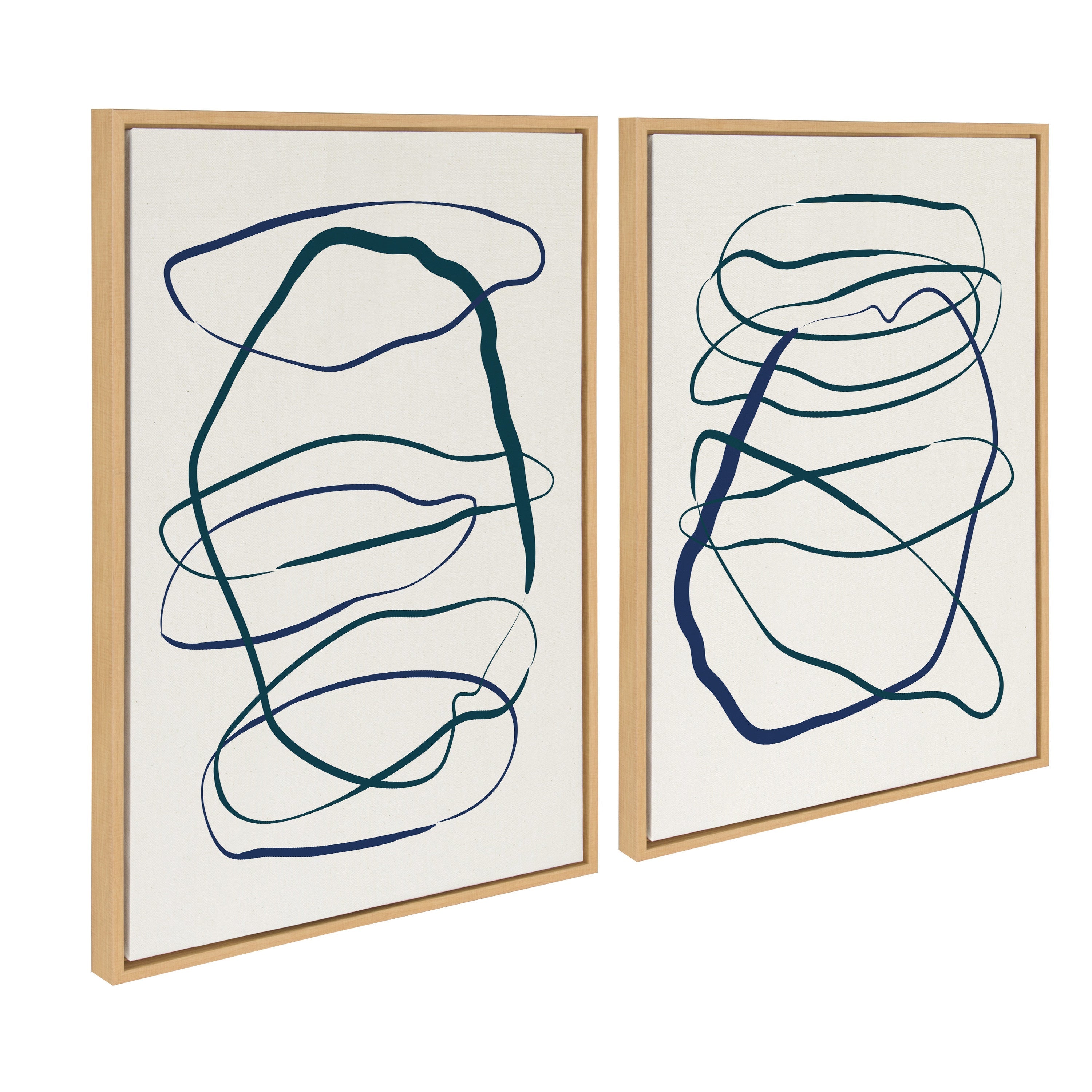 Pair of framed abstract canvas art in blue and green tones titled Sylvie Blue and Green Expressive Abstract 1 and 2