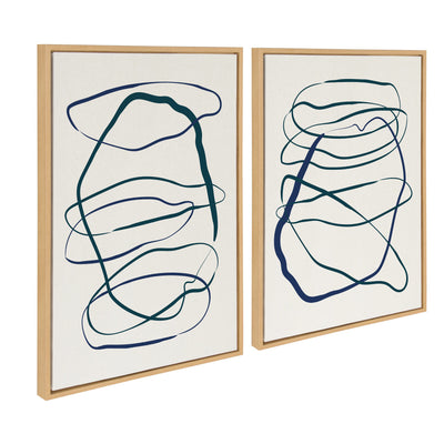Pair of framed abstract canvas art in blue and green tones titled Sylvie Blue and Green Expressive Abstract 1 and 2