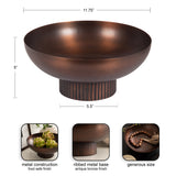 Copper-toned metal bowl with a wide round shape and ribbed cylindrical base, measuring 11.75 inches in diameter and 5 inches tall.