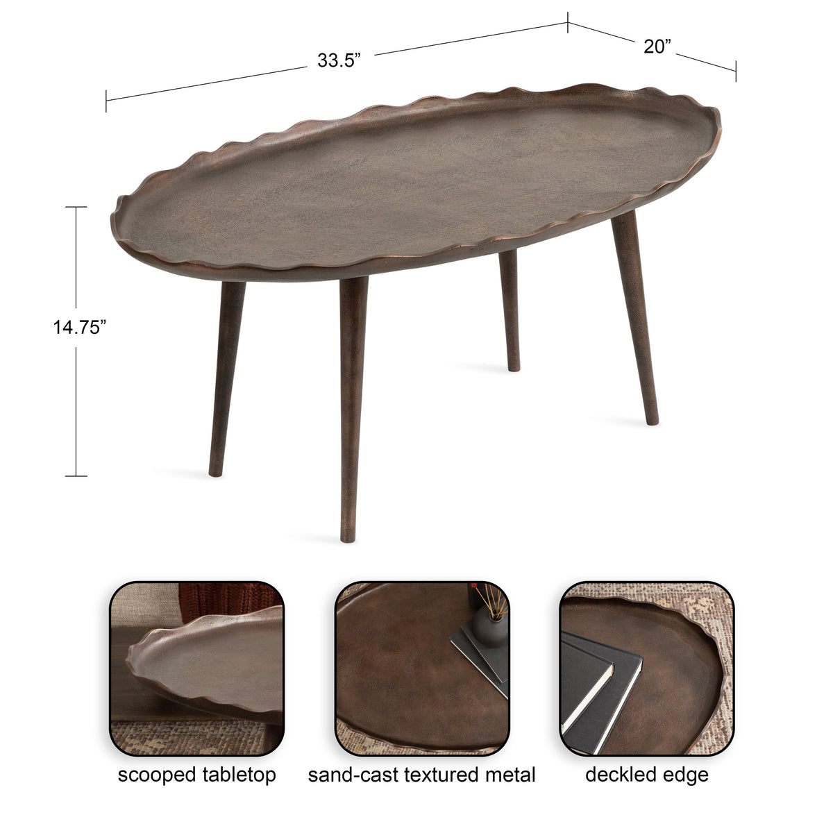 Oval coffee table with a scalloped metal tabletop featuring sand-cast texture and tapered wooden legs, measuring 33.5 by 20 by 14.75 inches.