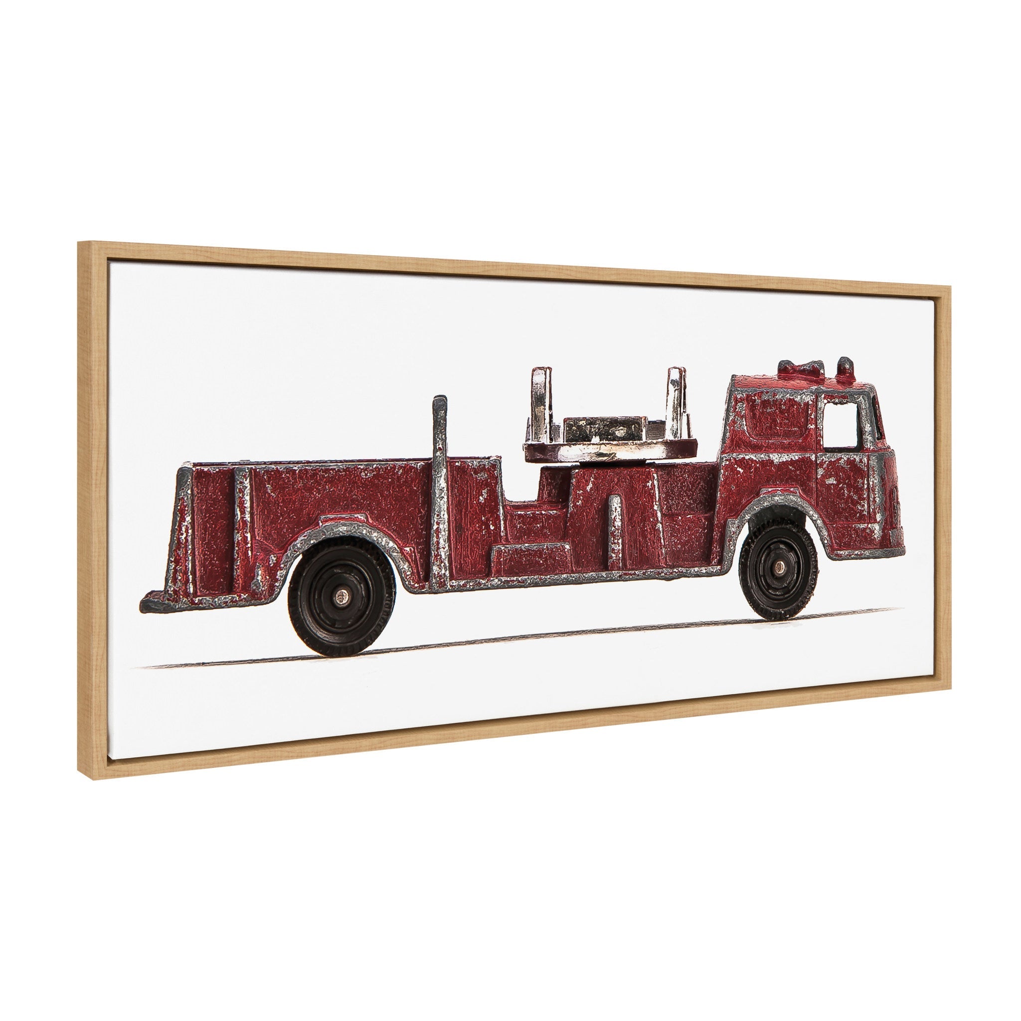 Framed canvas art depicting a red vintage toy fire engine with a polystyrene frame