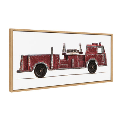 Framed canvas art depicting a red vintage toy fire engine with a polystyrene frame