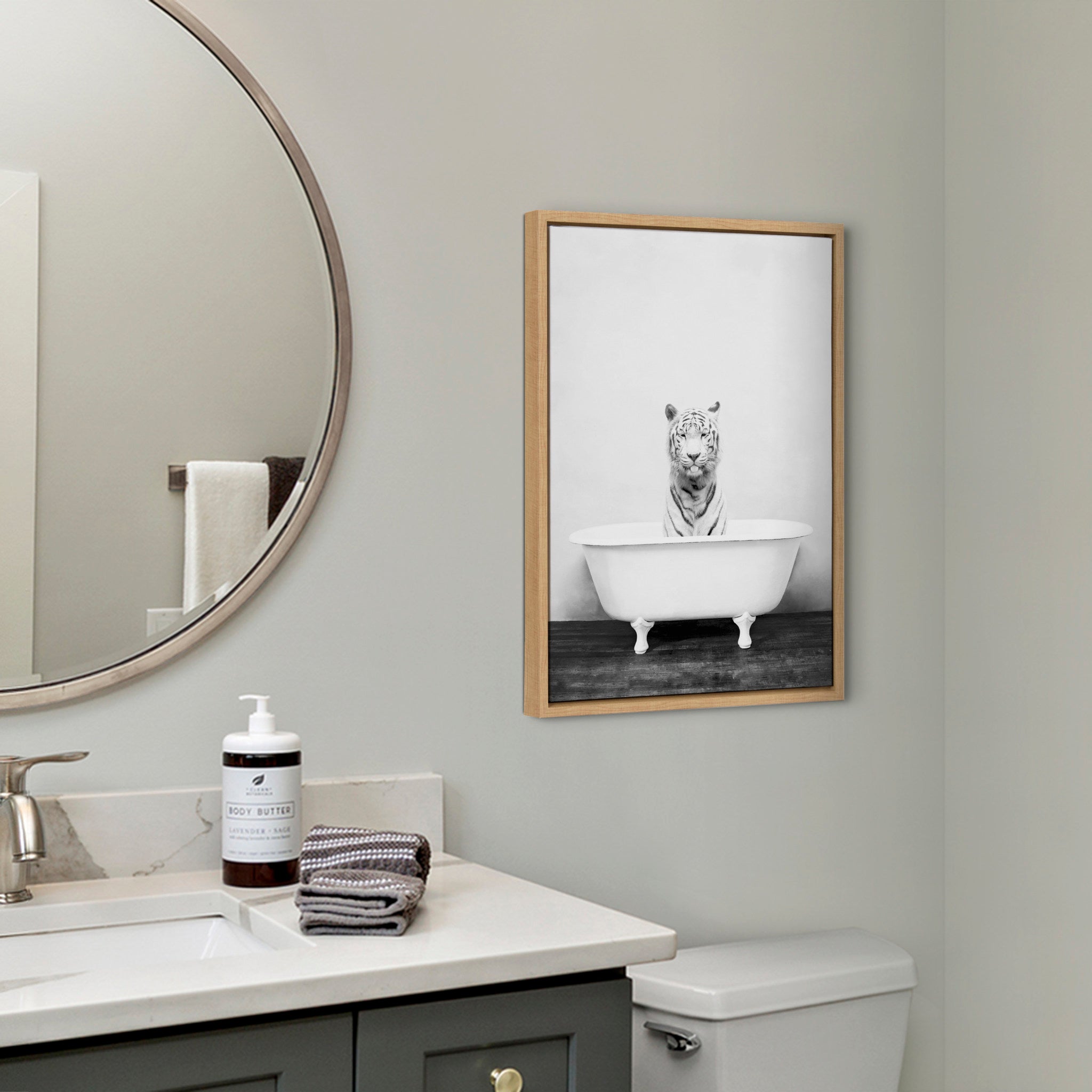 Sylvie White Tiger in The Bathtub Framed Canvas by Amy Peterson by kateandlaurel - product image 7 for Resin Society