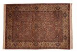 Rectangular vintage Romanian Tabriz carpet with an intricate floral medallion pattern in red, beige, and dark blue tones featuring a decorative border and fringe ends.