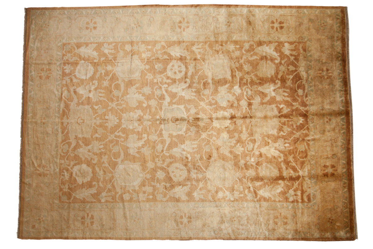 Vintage 10x14 Indian Oushak carpet in gold wash with oversized design and plush wool pile