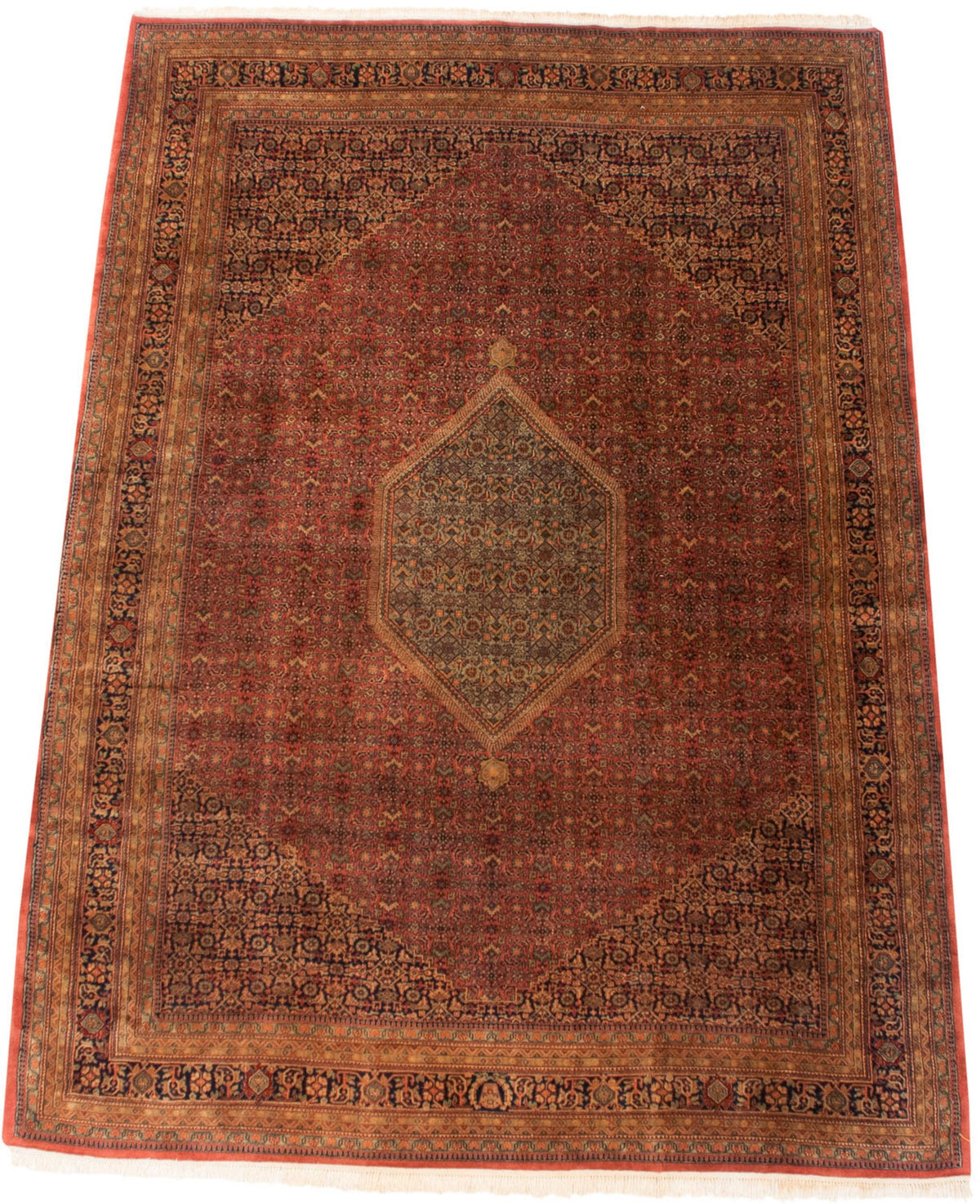 Rectangular vintage Indian Bijar carpet with a large central diamond medallion, tea-washed colors in red, brown, and dark blue, and intricate floral border patterns.
