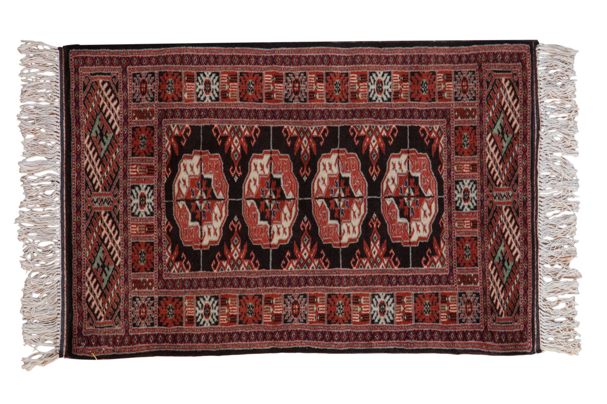 2x3 Vintage Fine Bokhara Rug Mat with intricate repeating medallions and rich colors