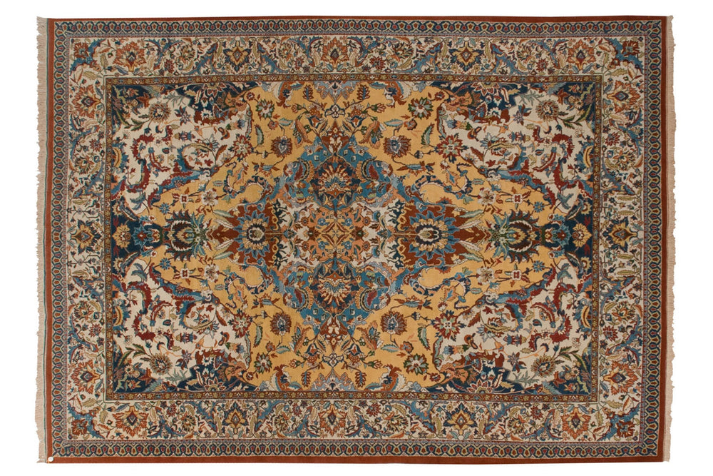 Rectangular vintage Indian Polonaise carpet with a central yellow field featuring symmetrical floral motifs in blue, rust, and cream, bordered by intricate floral and geometric patterns.