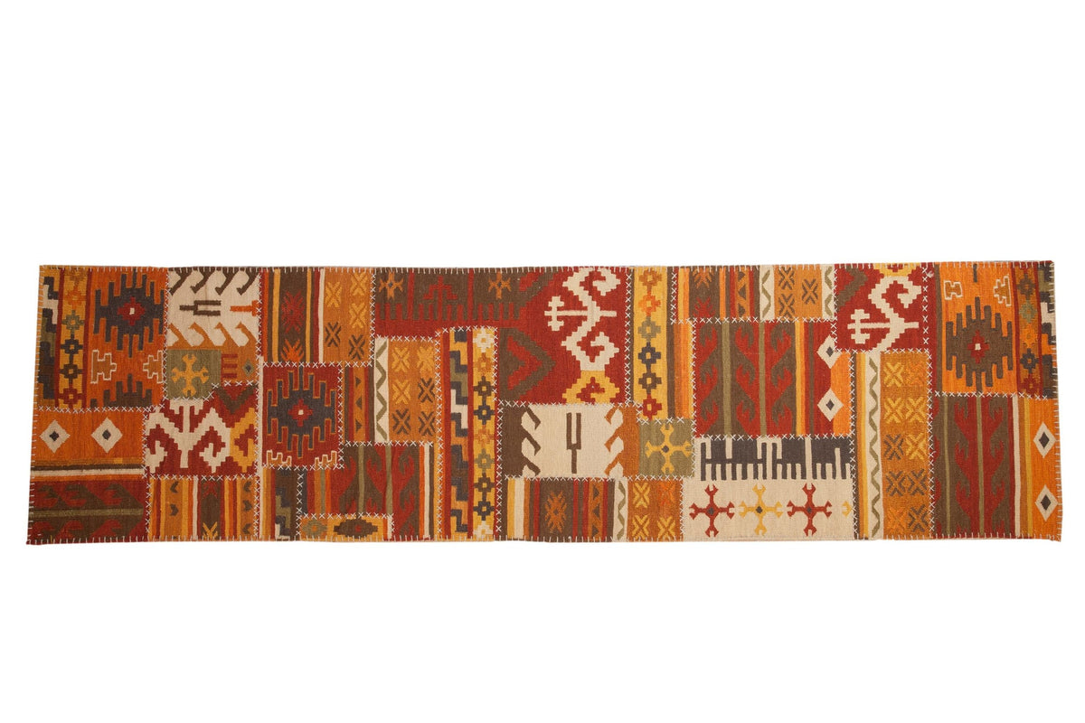 3x11.5 New Patchwork Kilim Rug Runner in warm earthy tones with geometric and floral motifs