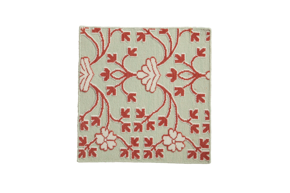 2x2 New Indian Samarkand Design square rug mat with floral pattern in pale honeydew green, ivory, and reds
