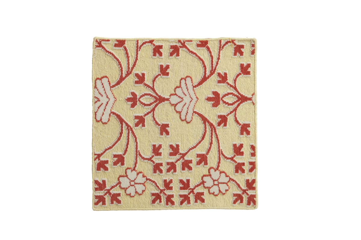 2x2 New Indian Samarkand Design Square Rug Mat in pale lime, raspberry red, and ivory with floral pattern