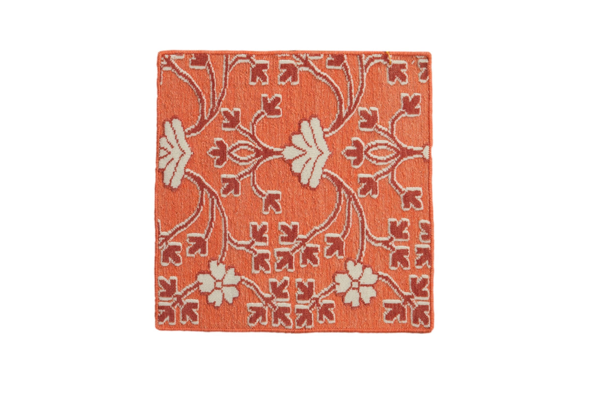 2x2 New Indian Samarkand Design Square Rug showing cantaloupe, ivory and red floral pattern