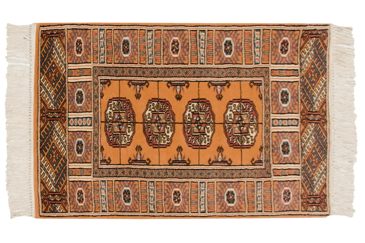2x3 Vintage Indian Bokhara Design Rug Mat with floral guls and geometric relief pattern in warm colors