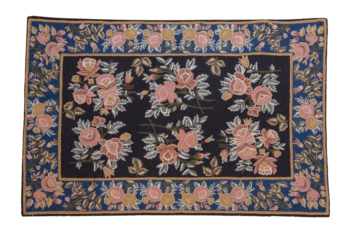3.5x6 Vintage Chainstitch Rug featuring floral bouquet pattern with dusty rose and sapphire blue on dark background