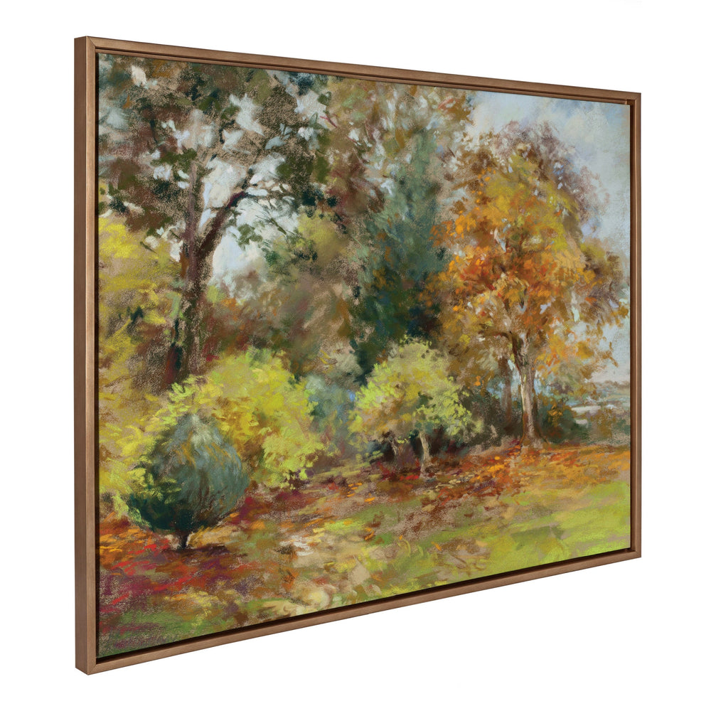 Sylvie Forest Walking as the Leaves Fall framed canvas art showing autumn forest scene in gold lightweight frame