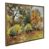 Impressionistic painting of a forest scene with green, yellow, and orange foliage, featuring trees with autumn leaves and a textured grassy foreground, framed in brown wood.