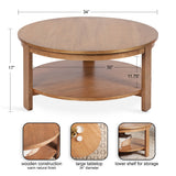 Round wooden coffee table with warm natural finish, a 34-inch diameter tabletop, and a lower storage shelf supported by four sturdy legs.