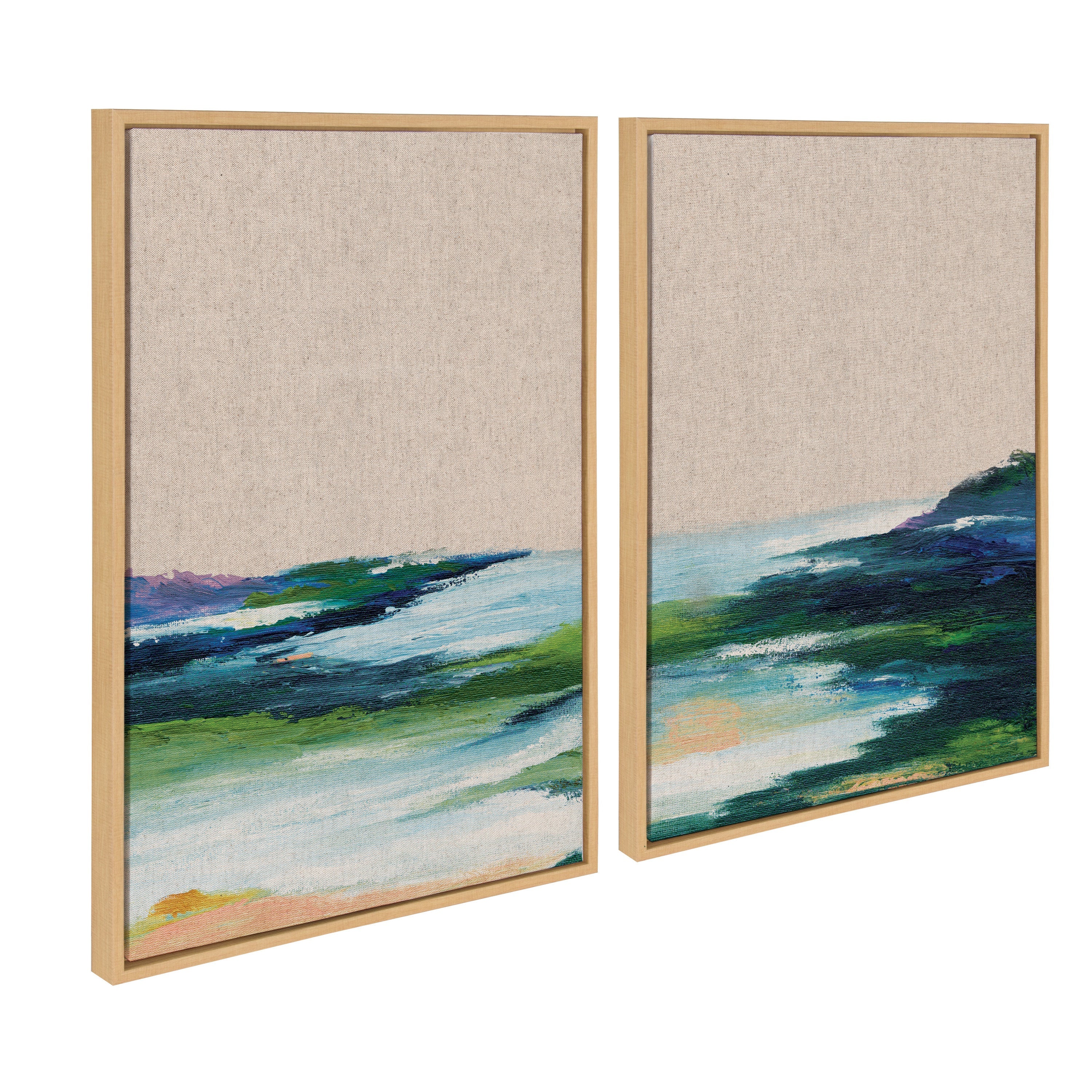 Sylvie Lake Huron I and II Neutral Linen Framed Canvas Art Set by Nikita Jariwala