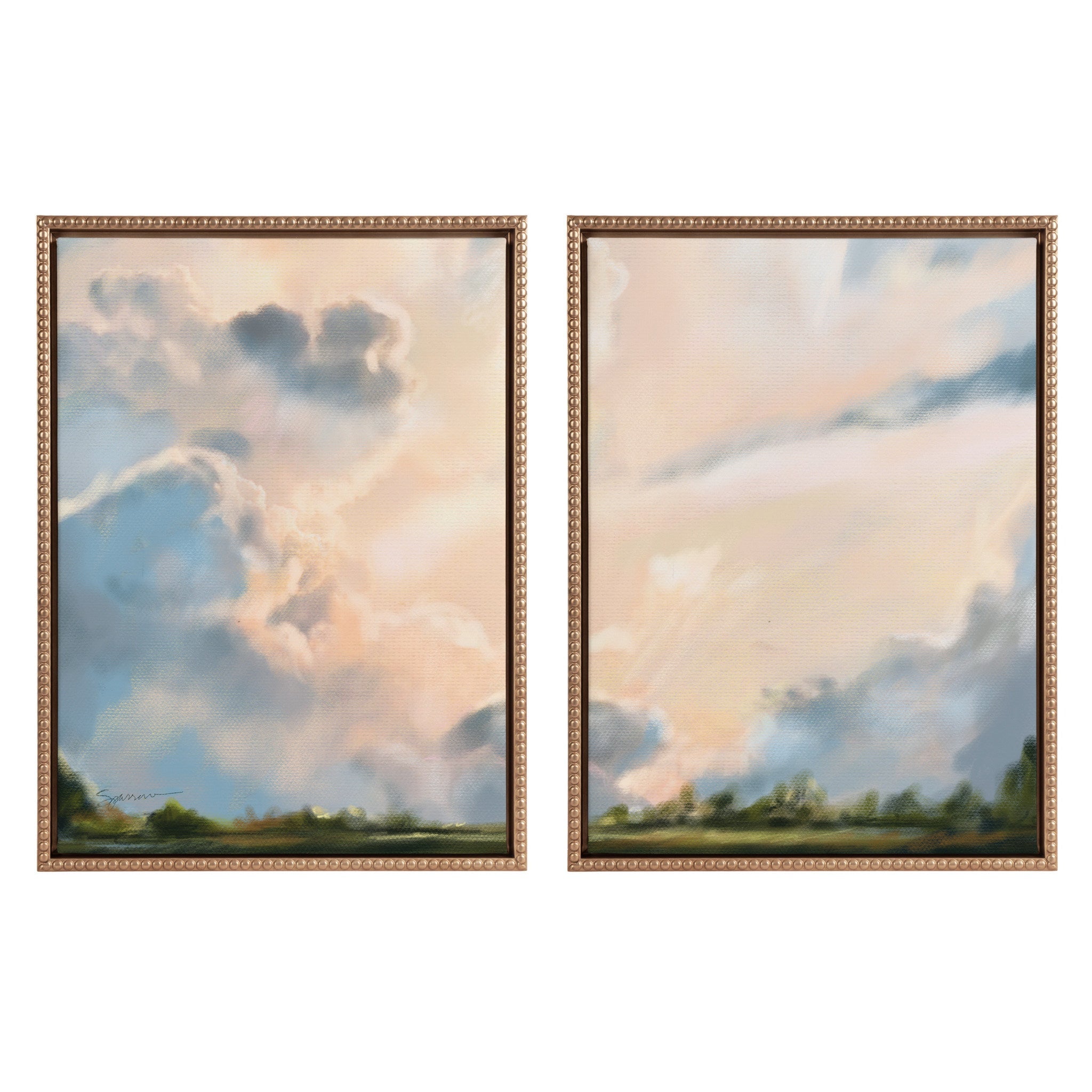Sylvie Beaded Clouds Framed Canvas Art Set by Mary Sparrow, depicting cloud imagery in gold vintage beaded frames