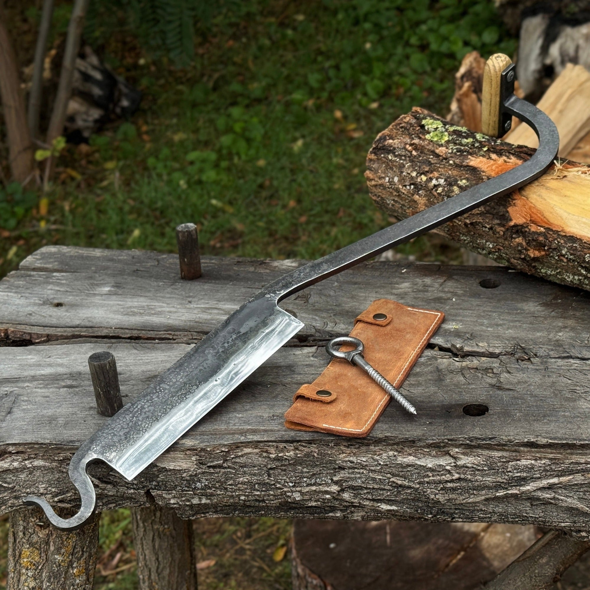 Medium Stock Knife - Hand-forged cloggers knife with ash handle and leather sheath