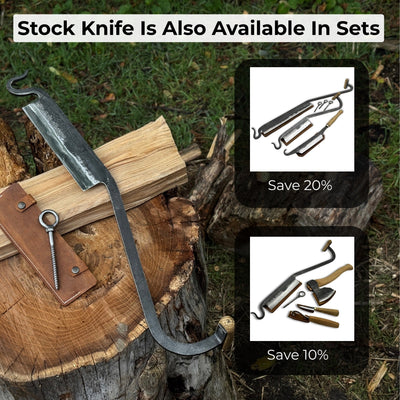 Medium Stock Knife - Hand-forged cloggers knife with ash handle and leather sheath