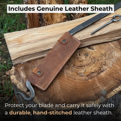 Medium Stock Knife - Hand-forged cloggers knife with ash handle and leather sheath