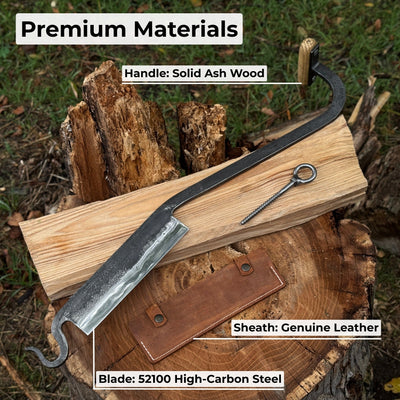 Medium Stock Knife - Hand-forged cloggers knife with ash handle and leather sheath