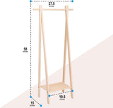 Handcrafted wooden garment rack holding clothes and coats in a home setting