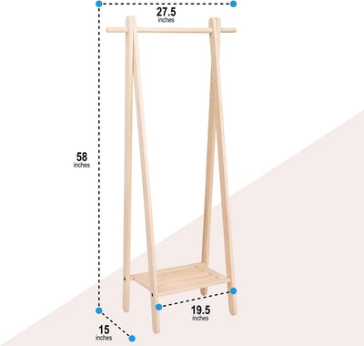 Handcrafted wooden garment rack holding clothes and coats in a home setting