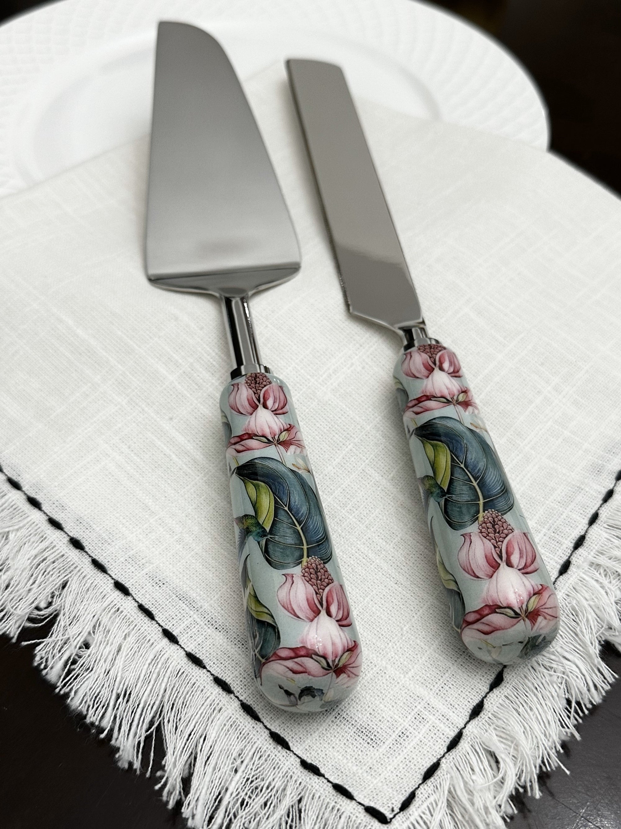 Floral Cake Cutting Knife and Server set with mint Meenakari work on wooden handles