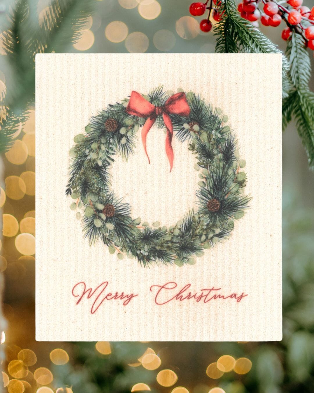 Merry Christmas Wreath with Red Bow Swedish Dishcloth by sweetgum home, LLC - product image 3 for Resin Society