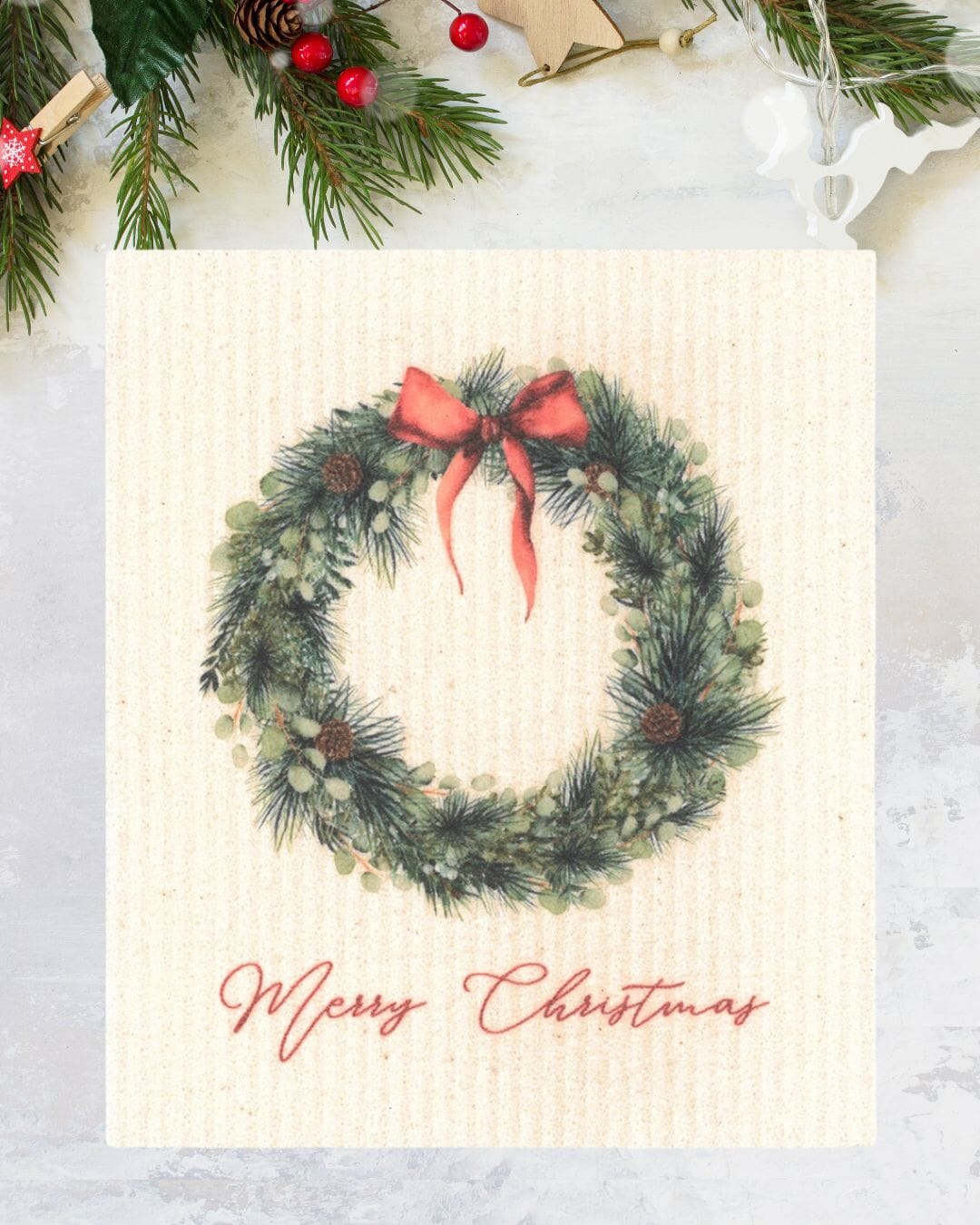 Merry Christmas Wreath with Red Bow Swedish Dishcloth by sweetgum home, LLC - product image 2 for Resin Society