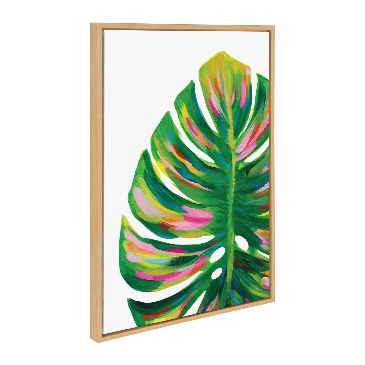 Painted canvas showing a large monstera leaf with bright green, pink, and yellow highlights in a light wood frame, viewed angled from the right side.