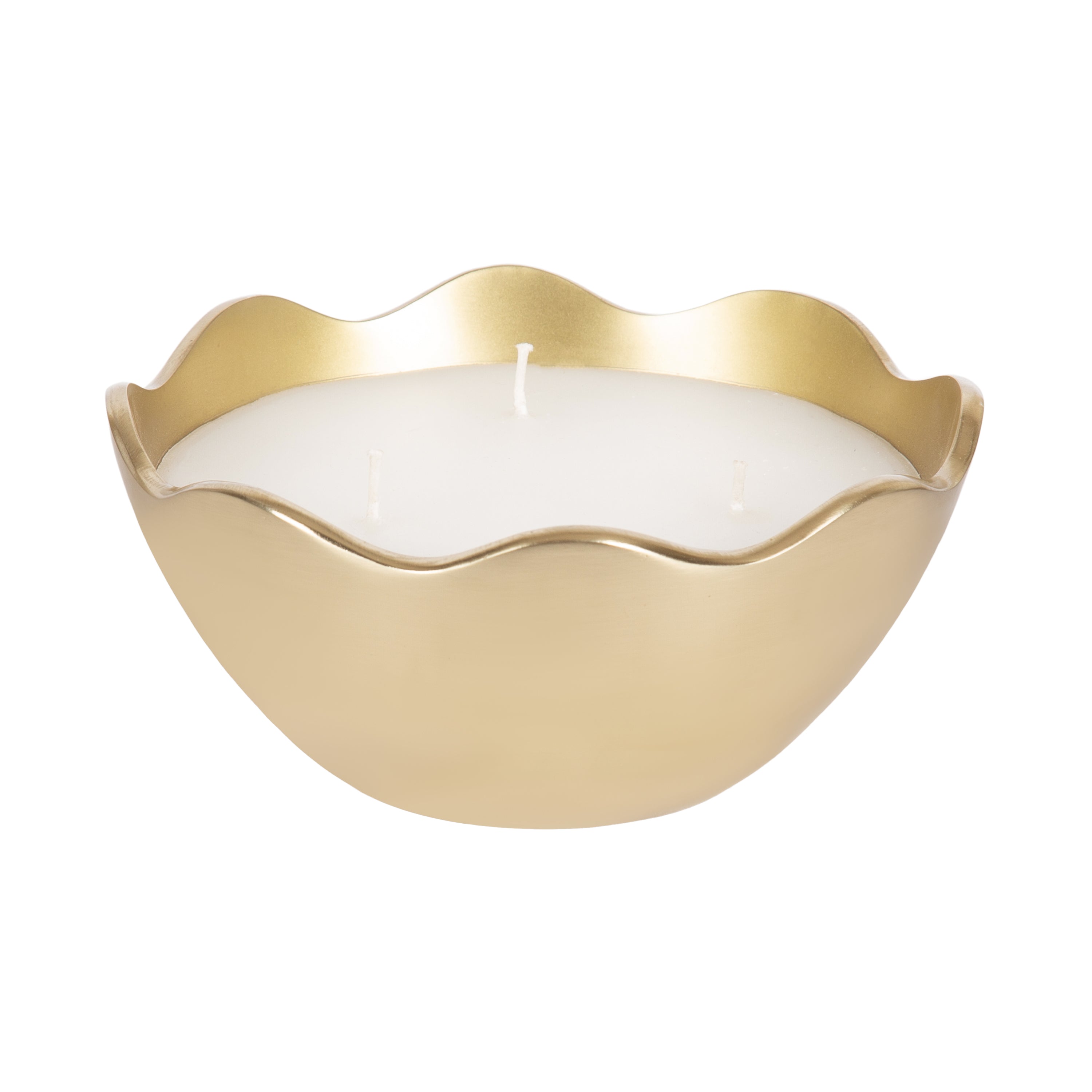 Alessia Metal Candle Bowl in bronze finish showing three wicks and wavy scalloped edges on a textured surface