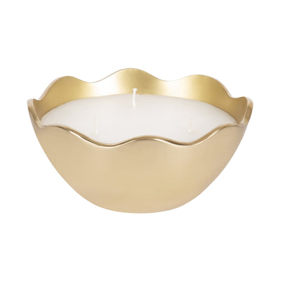 Alessia Metal Candle Bowl in bronze finish showing three wicks and wavy scalloped edges on a textured surface